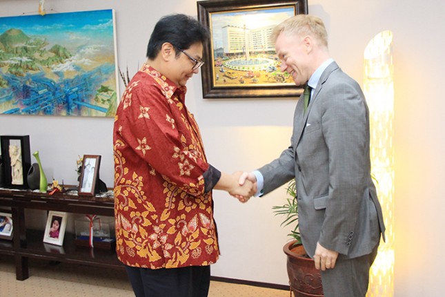Minister of Industry of Airlangga Hartarto after receiving the visit of European Union Ambassador to Indonesia Vincent Guerend