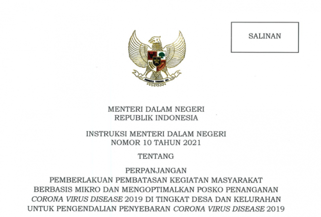 Instruction of Minister of Home Affairs Number 10 of 2021 on Extension of Micro-Scale Activity Restrictions and Optimizing COVID-19 