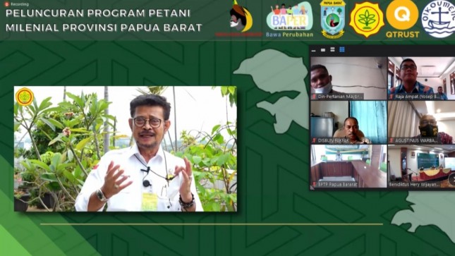 Minister of Agriculture Syahrul Yasin Limpo virtually launches the West Papua Province Millennial Farmers Program, Thursday (20/05). (Photo by: Special Staffer to the President Billy Mambrasar’s Team)