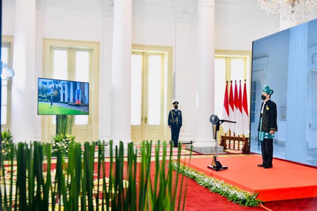 President Jokowi leads the commemoration ceremony of the Birth of Pancasila, Tuesday (1/6), from the Bogor Presidential Palace, West Java. (Photo by: BPMI Setpres/Laily Rachev)