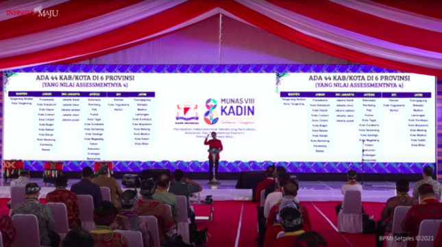 President Jokowi delivers remarks at the opening of the 8th National Conference of the Indonesian Chamber of Commerce and Industry (Kadin) in Kendari, Southeast Sulawesi, Wednesday (30/06). Photo by: YouTube account of Presidential Secretariat