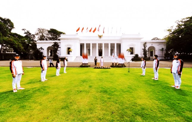 President Jokowi during a send-off ceremony for Indonesian athletes to 2021 Tokyo Olympic, Thursday (8/7) at the Merdeka Palace, Jakarta. (Source: Screenshot of Presidential Secretariat Youtube Channel)