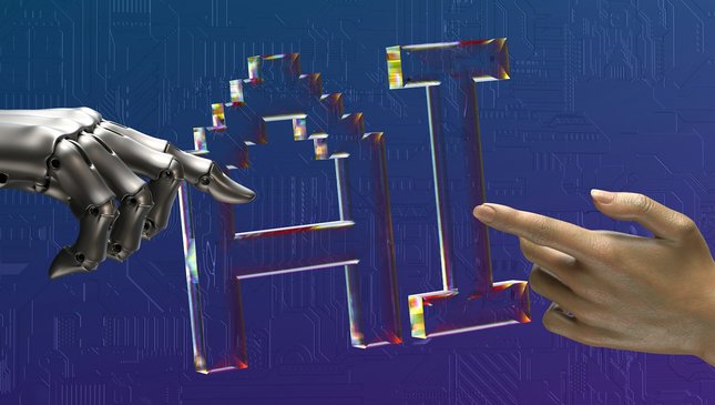 Illustration of a robotic hand and a human hand reaching toward the letters AI